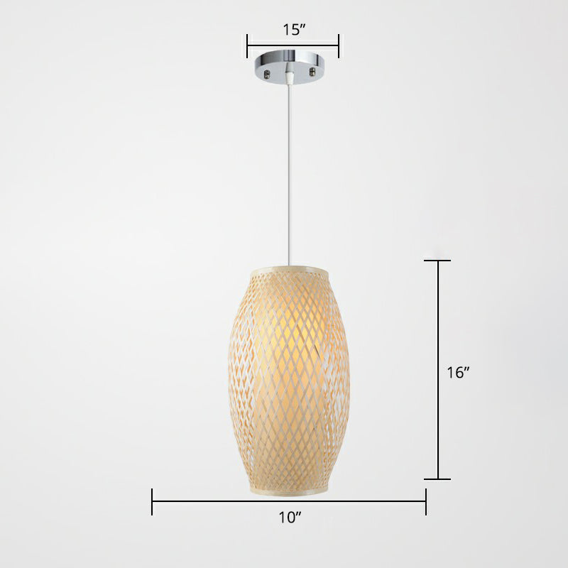 1-Light Corridor Hanging Lighting Chinese Wood Pendant Lamp with Elliptical Bamboo Shade Clearhalo 'Ceiling Lights' 'Pendant Lights' 'Pendants' Lighting' 2310517