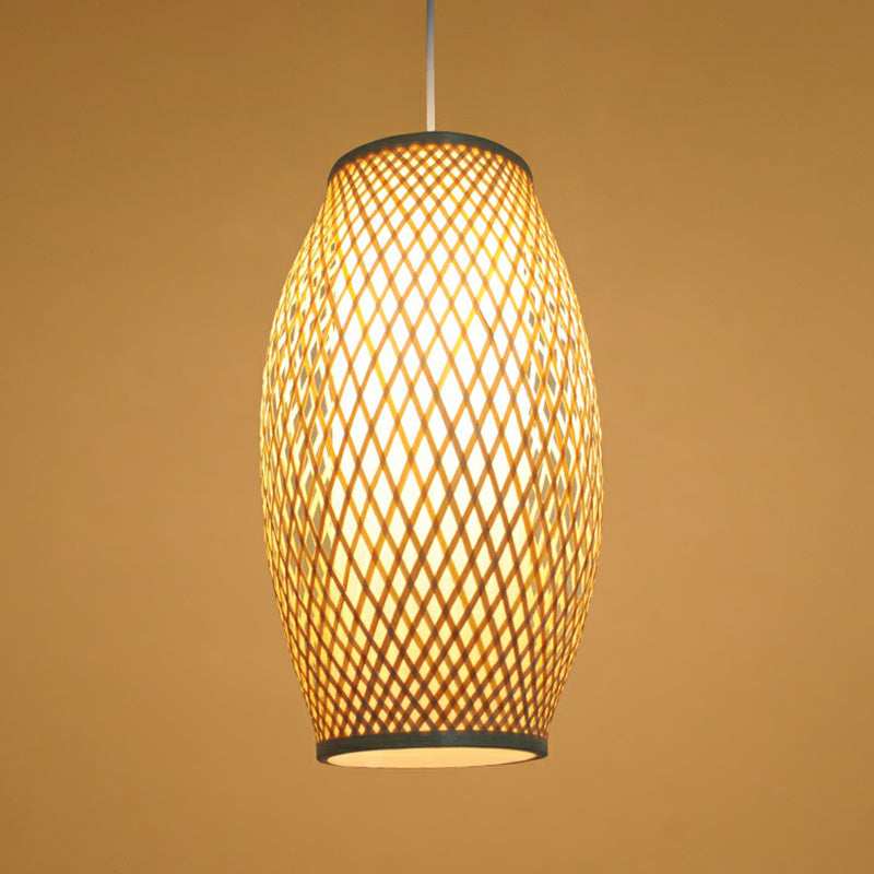 1-Light Corridor Hanging Lighting Chinese Wood Pendant Lamp with Elliptical Bamboo Shade Clearhalo 'Ceiling Lights' 'Pendant Lights' 'Pendants' Lighting' 2310518