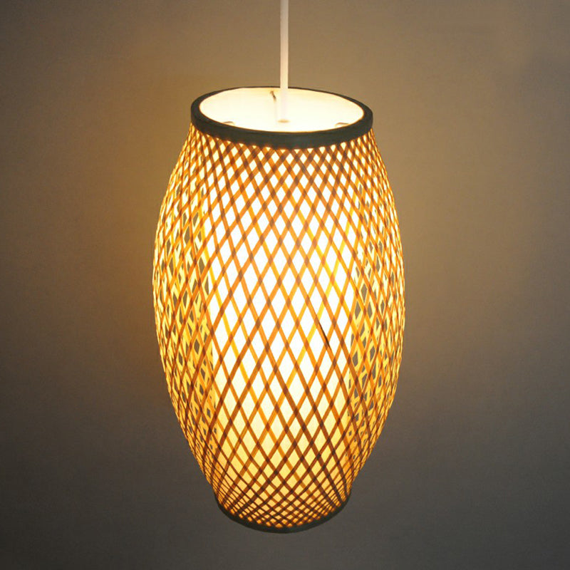 1-Light Corridor Hanging Lighting Chinese Wood Pendant Lamp with Elliptical Bamboo Shade Clearhalo 'Ceiling Lights' 'Pendant Lights' 'Pendants' Lighting' 2310520