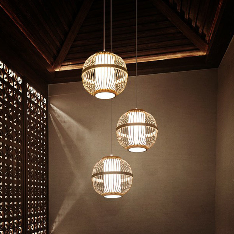 Spherical Ceiling Lamp Asia Bamboo 1 Bulb Tea Room Hanging Pendant Light in Wood Clearhalo 'Ceiling Lights' 'Pendant Lights' 'Pendants' Lighting' 2310583