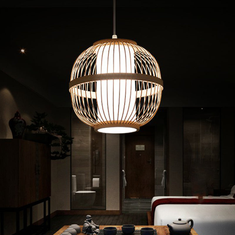 Spherical Ceiling Lamp Asia Bamboo 1 Bulb Tea Room Hanging Pendant Light in Wood Clearhalo 'Ceiling Lights' 'Pendant Lights' 'Pendants' Lighting' 2310585