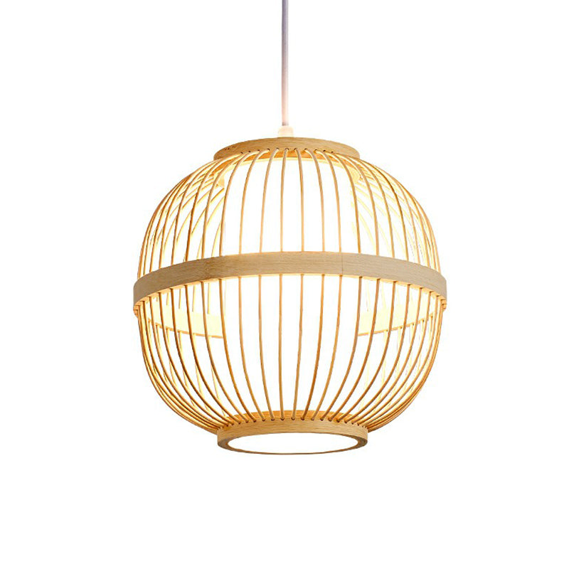 Spherical Ceiling Lamp Asia Bamboo 1 Bulb Tea Room Hanging Pendant Light in Wood Clearhalo 'Ceiling Lights' 'Pendant Lights' 'Pendants' Lighting' 2310587