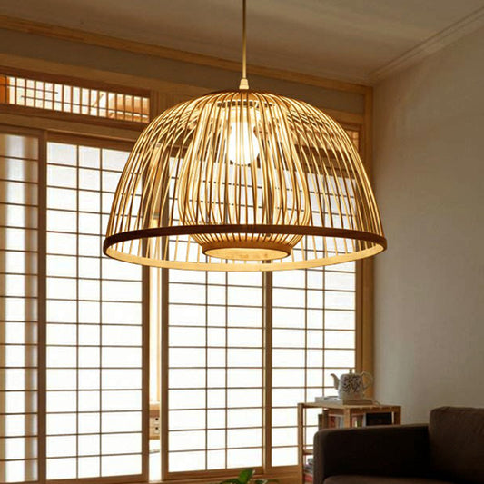 Wood Domed Ceiling Hang Light Modern 1 Head Bamboo Suspension Lamp with Cage Inner Clearhalo 'Ceiling Lights' 'Modern Pendants' 'Modern' 'Pendant Lights' 'Pendants' Lighting' 2310611