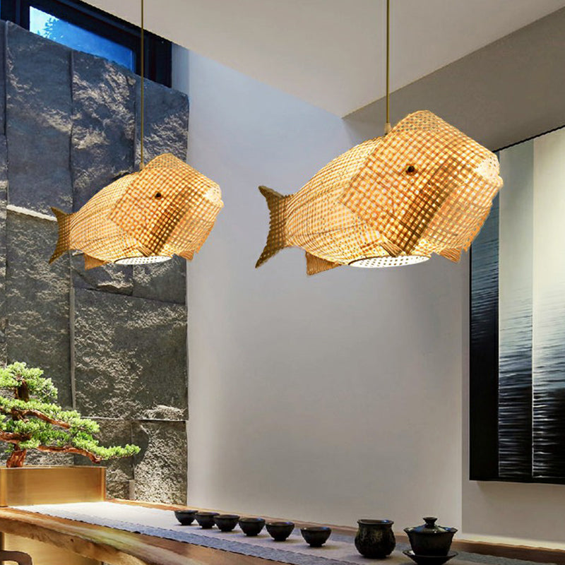 Fish-Shape Restaurant Pendant Light Bamboo Single-Bulb Asian Hanging Light in Wood Wood Clearhalo 'Ceiling Lights' 'Pendant Lights' 'Pendants' Lighting' 2310613_c5451c77-c672-44a7-a23d-9714ae5a8509