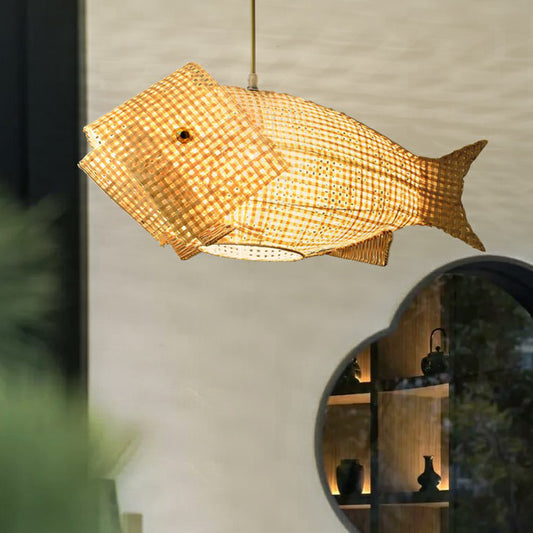 Fish-Shape Restaurant Pendant Light Bamboo Single-Bulb Asian Hanging Light in Wood Clearhalo 'Ceiling Lights' 'Pendant Lights' 'Pendants' Lighting' 2310614