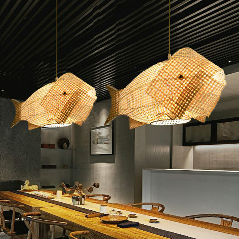 Fish-Shape Restaurant Pendant Light Bamboo Single-Bulb Asian Hanging Light in Wood Clearhalo 'Ceiling Lights' 'Pendant Lights' 'Pendants' Lighting' 2310615