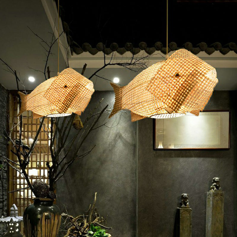 Fish-Shape Restaurant Pendant Light Bamboo Single-Bulb Asian Hanging Light in Wood Clearhalo 'Ceiling Lights' 'Pendant Lights' 'Pendants' Lighting' 2310617