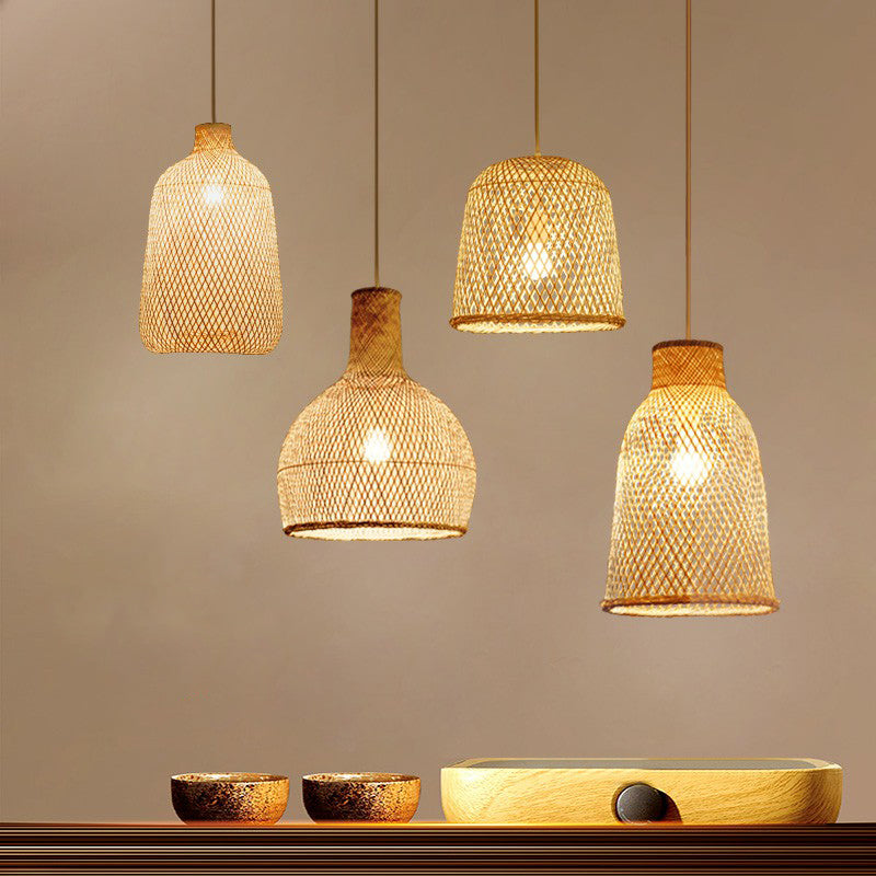 Criss-Crossed Woven Bamboo Pendant Light Minimalist 1-Light Restaurant Hanging Light in Wood Clearhalo 'Ceiling Lights' 'Pendant Lights' 'Pendants' Lighting' 2310628