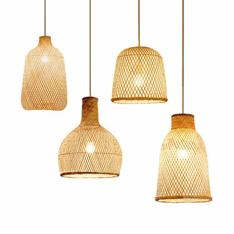 Criss-Crossed Woven Bamboo Pendant Light Minimalist 1-Light Restaurant Hanging Light in Wood Clearhalo 'Ceiling Lights' 'Pendant Lights' 'Pendants' Lighting' 2310634