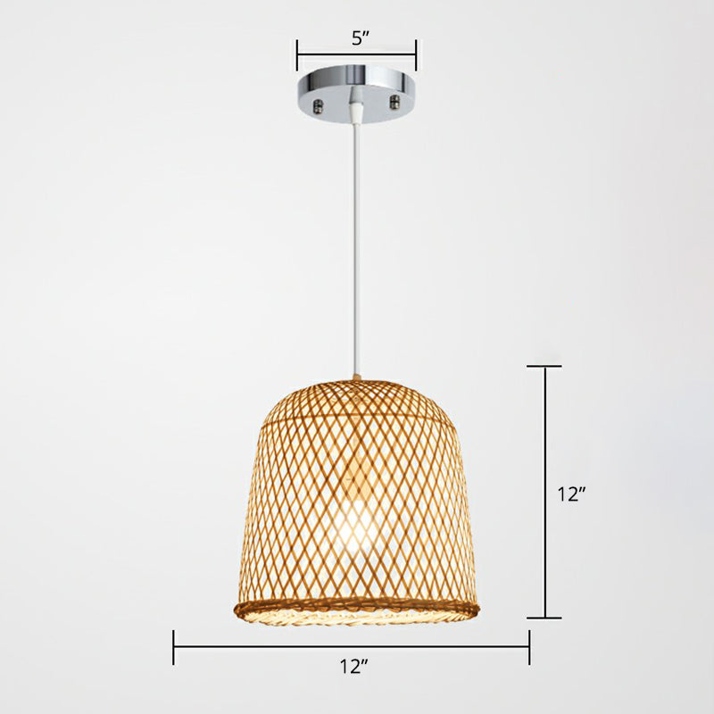 Criss-Crossed Woven Bamboo Pendant Light Minimalist 1-Light Restaurant Hanging Light in Wood Clearhalo 'Ceiling Lights' 'Pendant Lights' 'Pendants' Lighting' 2310635