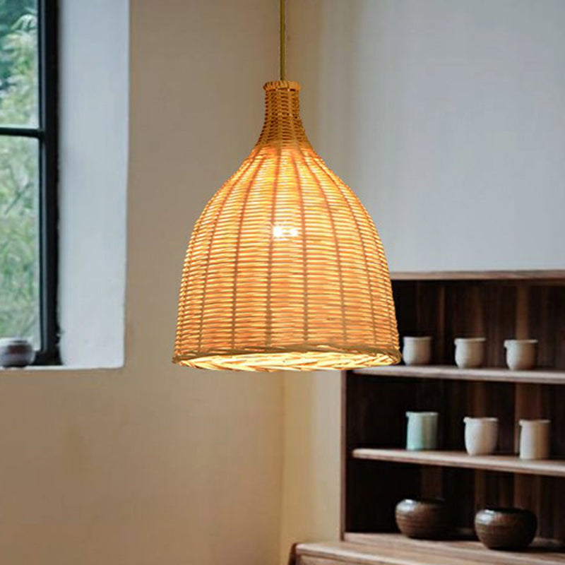 Asia 1 Bulb Down Lighting Pendant Beige Droplet-Like Hanging Lamp with Bamboo Shade Clearhalo 'Ceiling Lights' 'Pendant Lights' 'Pendants' Lighting' 2310639