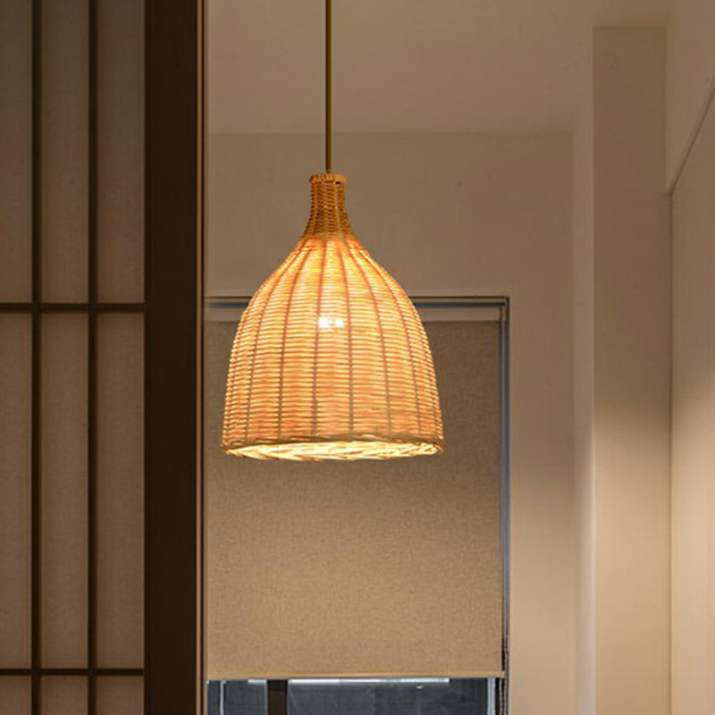 Asia 1 Bulb Down Lighting Pendant Beige Droplet-Like Hanging Lamp with Bamboo Shade Clearhalo 'Ceiling Lights' 'Pendant Lights' 'Pendants' Lighting' 2310643