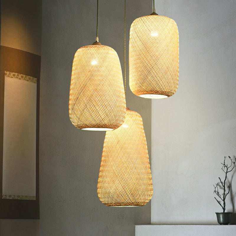 Asia Weaving Pendant Light Fixture Bamboo 1 Bulb Restaurant Ceiling Hang Lamp in Beige Clearhalo 'Ceiling Lights' 'Pendant Lights' 'Pendants' Lighting' 2310657