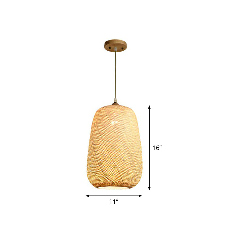 Asia Weaving Pendant Light Fixture Bamboo 1 Bulb Restaurant Ceiling Hang Lamp in Beige Clearhalo 'Ceiling Lights' 'Pendant Lights' 'Pendants' Lighting' 2310661