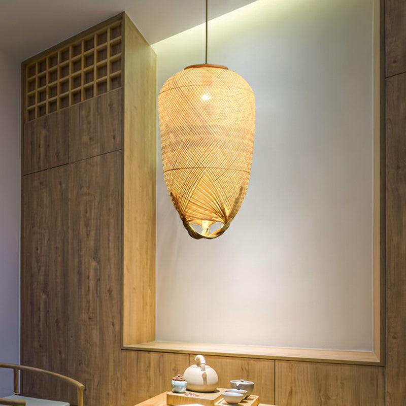 Asia Weaving Pendant Light Fixture Bamboo 1 Bulb Restaurant Ceiling Hang Lamp in Beige Clearhalo 'Ceiling Lights' 'Pendant Lights' 'Pendants' Lighting' 2310662