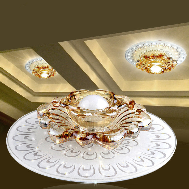 Flower LED Ceiling Mounted Fixture Modern Tan Crystal Aisle Flush Mount Light in White Clearhalo 'Ceiling Lights' 'Close To Ceiling Lights' 'Close to ceiling' 'Flush mount' Lighting' 2310845