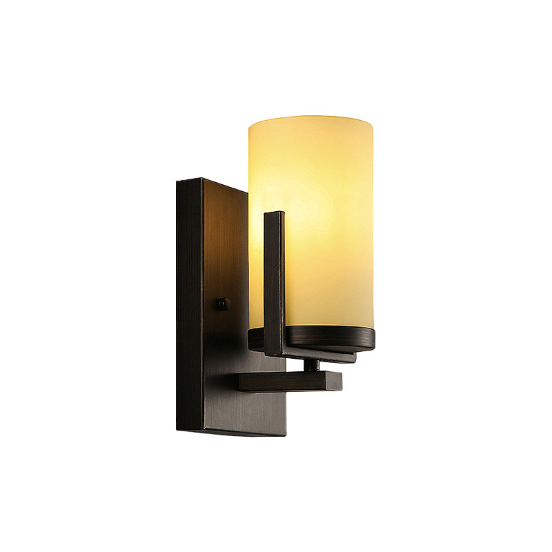 Opal Glass Black Wall Sconce Cylinder 1-Light Modern Wall Mount Light Fixture with Square Backplate for Porch Clearhalo 'Wall Lamps & Sconces' 'Wall Lights' Lighting' 231085