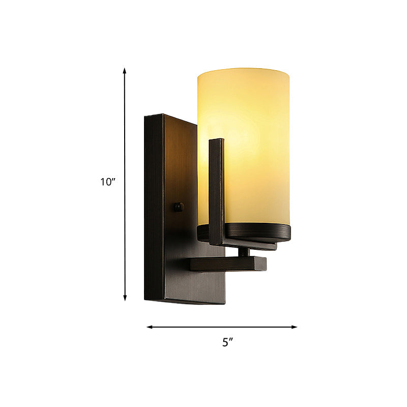 Opal Glass Black Wall Sconce Cylinder 1-Light Modern Wall Mount Light Fixture with Square Backplate for Porch Clearhalo 'Wall Lamps & Sconces' 'Wall Lights' Lighting' 231086