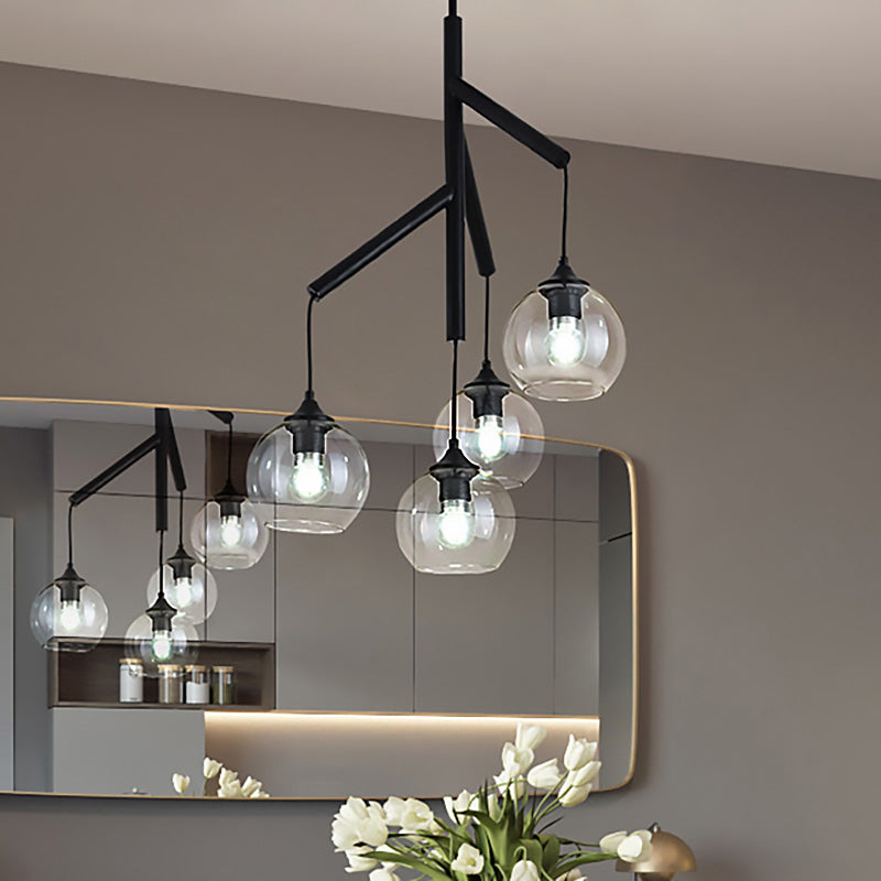 Metal Branch Chandelier Lamp Contemporary 4 Lights Black Hanging Pendant Light with Clear Glass Round Shade Black Clearhalo 'Ceiling Lights' 'Chandeliers' 'Modern Chandeliers' 'Modern' Lighting' 231088