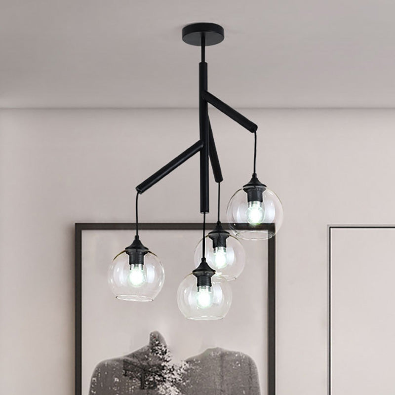 Metal Branch Chandelier Lamp Contemporary 4 Lights Black Hanging Pendant Light with Clear Glass Round Shade Clearhalo 'Ceiling Lights' 'Chandeliers' 'Modern Chandeliers' 'Modern' Lighting' 231089