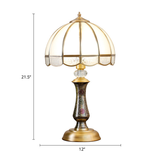 Single Dome Night Table Lamp Traditional Brass Opal Glass Nightstand Light with Scalloped Trim Clearhalo 'Lamps' 'Table Lamps' Lighting' 2310997