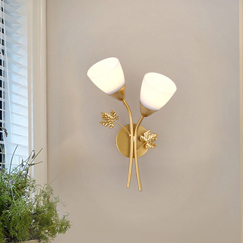 Frosted Glass Bowl Sconce Contemporary 1/2-Light Hall Wall Mount Light Fixture with Leaf-Shaped Decor in Black/Gold Clearhalo 'Wall Lamps & Sconces' 'Wall Lights' Lighting' 231100