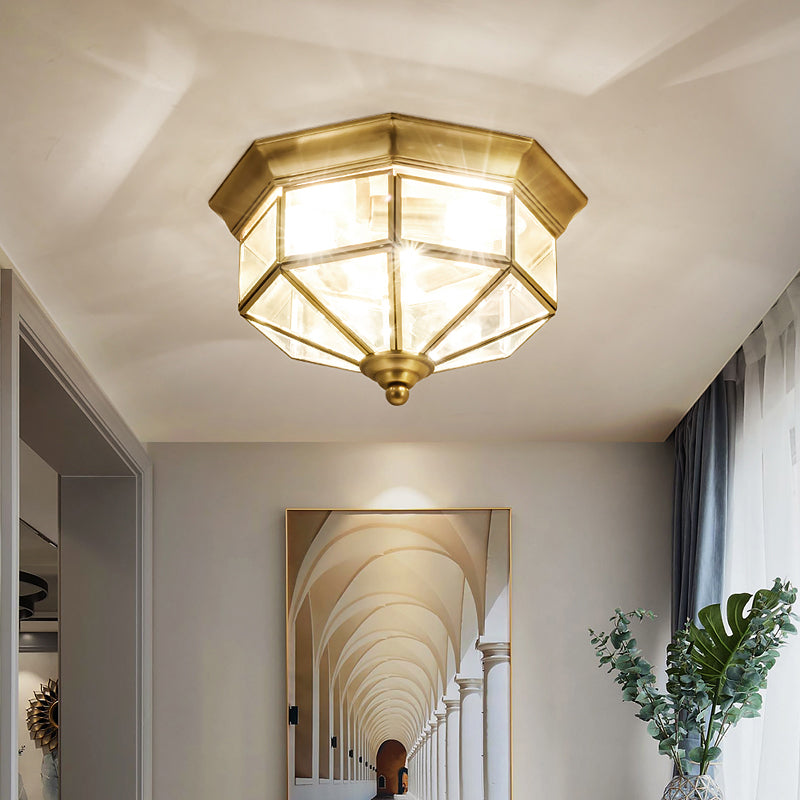3 Lights Flush Mounted Fixture Traditional Foyer Ceiling Light with Octagon Glass Shade in Gold Clearhalo 'Ceiling Lights' 'Close To Ceiling Lights' 'Close to ceiling' 'Flush mount' Lighting' 2311014