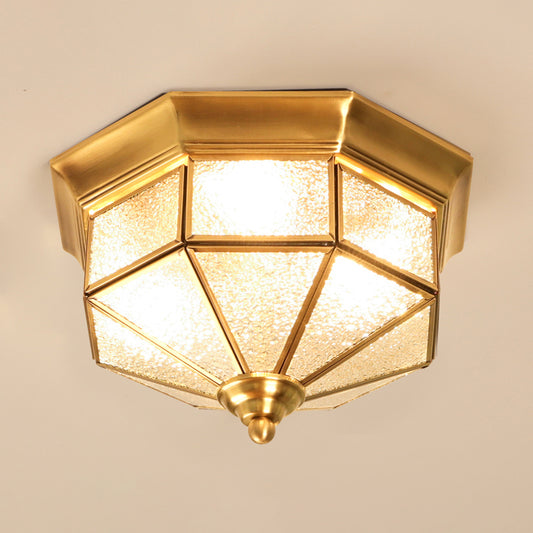 3 Lights Flush Mounted Fixture Traditional Foyer Ceiling Light with Octagon Glass Shade in Gold Gold Frosted Glass Clearhalo 'Ceiling Lights' 'Close To Ceiling Lights' 'Close to ceiling' 'Flush mount' Lighting' 2311016