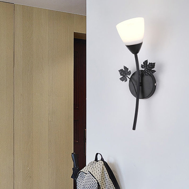 Frosted Glass Bowl Sconce Contemporary 1/2-Light Hall Wall Mount Light Fixture with Leaf-Shaped Decor in Black/Gold 1.0 Black Clearhalo 'Wall Lamps & Sconces' 'Wall Lights' Lighting' 231107