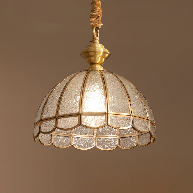 Antiqued Gold Hanging Light Traditional Water Glass Dome Pendant Lighting with Scalloped Edge Clearhalo 'Ceiling Lights' 'Pendant Lights' 'Pendants' Lighting' 2311073