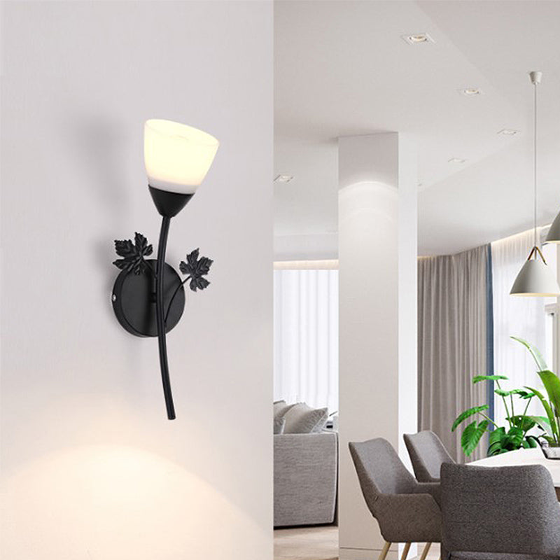 Frosted Glass Bowl Sconce Contemporary 1/2-Light Hall Wall Mount Light Fixture with Leaf-Shaped Decor in Black/Gold Clearhalo 'Wall Lamps & Sconces' 'Wall Lights' Lighting' 231108