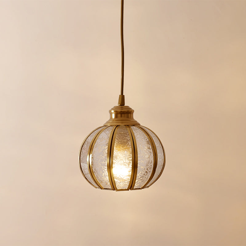 Frost Glass Pumpkin Ceiling Hanging Lantern Traditional 1 Head Bedside Pendant Light in Brass Brass Clearhalo 'Ceiling Lights' 'Pendant Lights' 'Pendants' Lighting' 2311083_3af97d1b-7f07-45ed-9a90-5b07a1786e9d