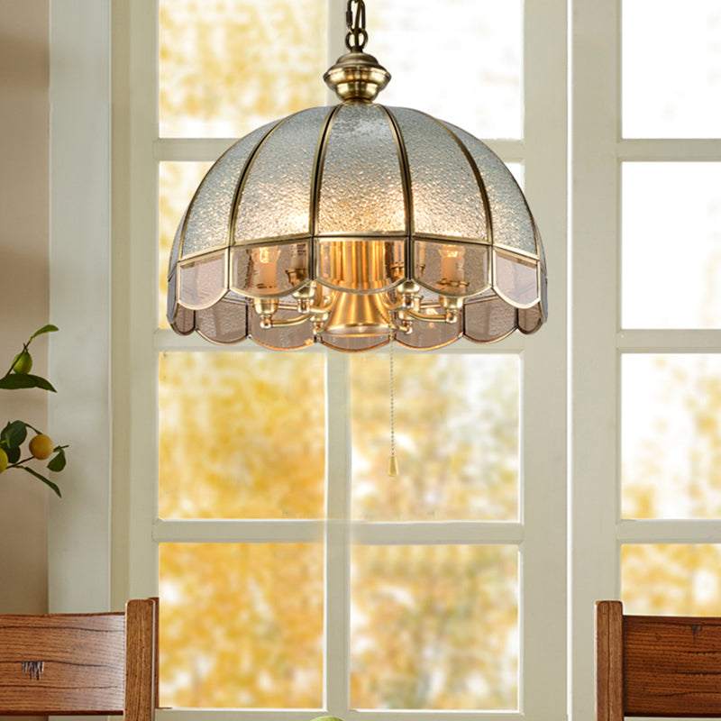 6 Bulbs Dome Chandelier Pendant Light Antique Brass Water Glass Hanging Light with Scalloped Trim Clearhalo 'Ceiling Lights' 'Chandeliers' Lighting' options 2311088