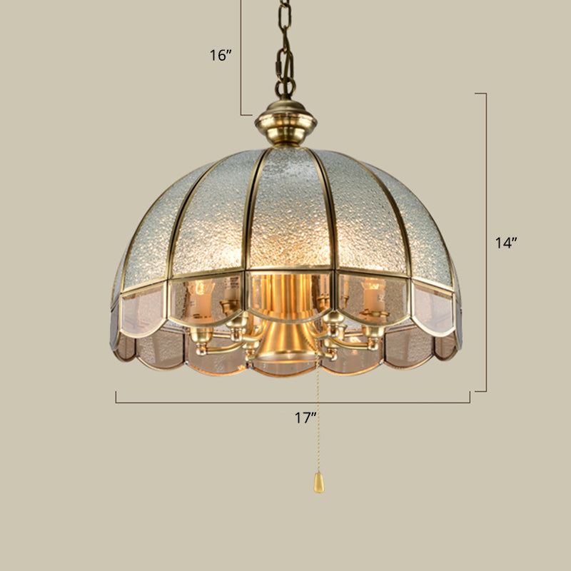 6 Bulbs Dome Chandelier Pendant Light Antique Brass Water Glass Hanging Light with Scalloped Trim Clearhalo 'Ceiling Lights' 'Chandeliers' Lighting' options 2311090