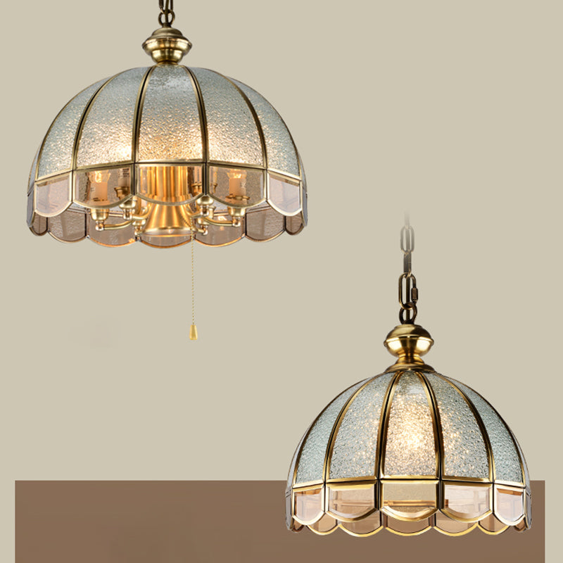 6 Bulbs Dome Chandelier Pendant Light Antique Brass Water Glass Hanging Light with Scalloped Trim Clearhalo 'Ceiling Lights' 'Chandeliers' Lighting' options 2311091