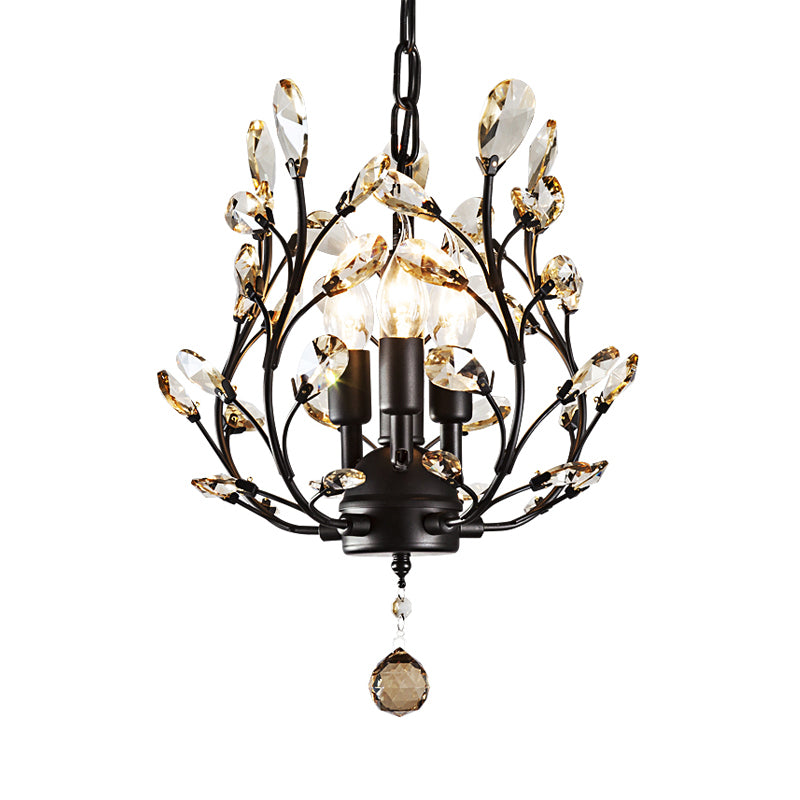 Crystal Branch Chandelier Lamp Modern 3 Bulbs Black/Gold Pendant Lighting Fixture with Global Drop Clearhalo 'Ceiling Lights' 'Chandeliers' Lighting' options 231116