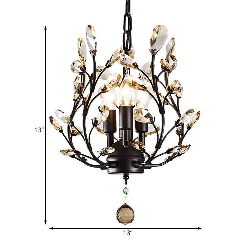 Crystal Branch Chandelier Lamp Modern 3 Bulbs Black/Gold Pendant Lighting Fixture with Global Drop Clearhalo 'Ceiling Lights' 'Chandeliers' Lighting' options 231120