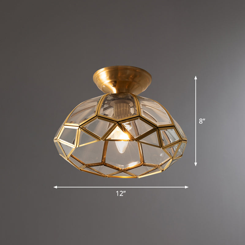 Traditional Bowl Shaped Ceiling Fixture 1-Light Clear Glass Semi Mount Lighting in Brass Brass Clearhalo 'Ceiling Lights' 'Close To Ceiling Lights' 'Close to ceiling' 'Semi-flushmount' Lighting' 2311247