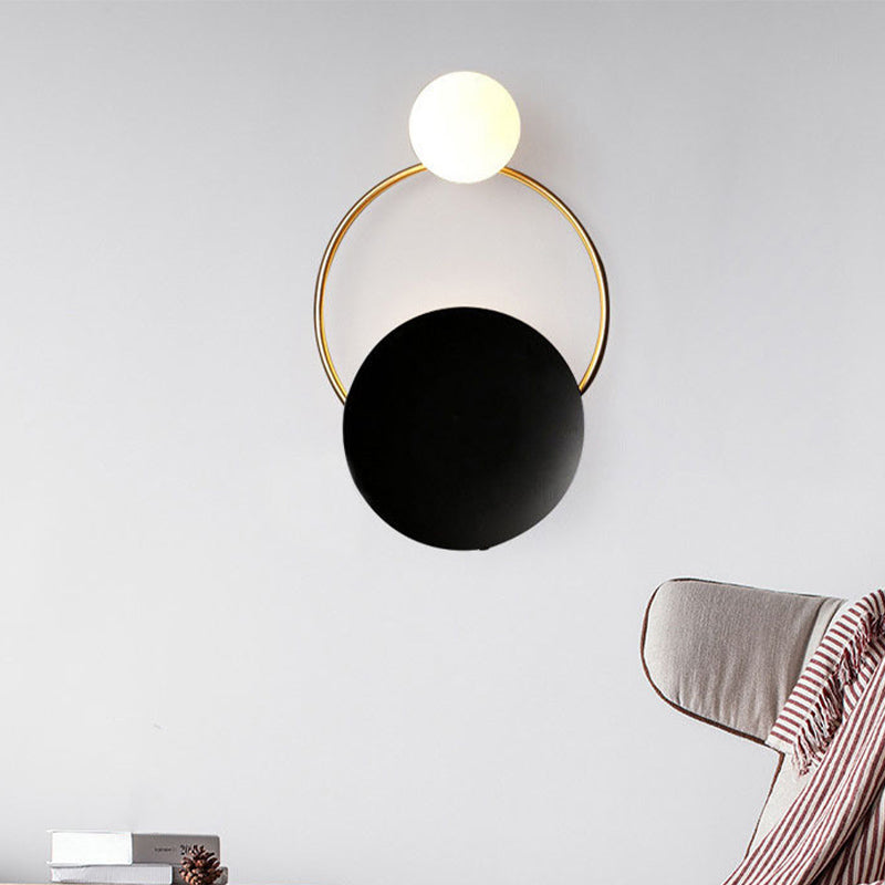 2-Bulb Opaline Glass Wall Light Vintage Style Black Globe Bedroom Wall Sconce with Round Backplate Black Clearhalo 'Wall Lamps & Sconces' 'Wall Lights' Lighting' 231126