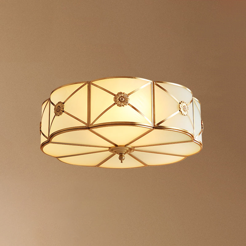 White Glass Scalloped Ceiling Lamp Traditional Style Bedroom Flush Mount Lighting in Brass 4 White Clearhalo 'Ceiling Lights' 'Close To Ceiling Lights' 'Close to ceiling' 'Flush mount' Lighting' 2311267