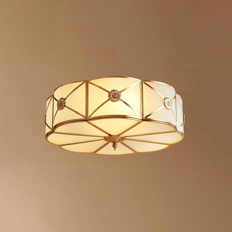 White Glass Scalloped Ceiling Lamp Traditional Style Bedroom Flush Mount Lighting in Brass 3 White Clearhalo 'Ceiling Lights' 'Close To Ceiling Lights' 'Close to ceiling' 'Flush mount' Lighting' 2311268