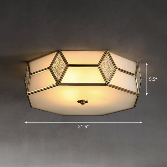 Octagon Bedroom Flush Light Fixture Minimalistic Textured White Glass Brass Ceiling Mount Light White 21.5" Clearhalo 'Ceiling Lights' 'Close To Ceiling Lights' 'Close to ceiling' 'Flush mount' Lighting' 2311292