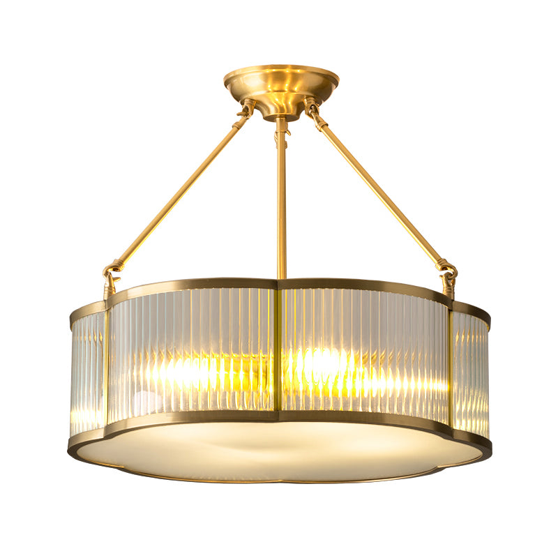 Gold Floral Hanging Lamp Traditional Clear Ribbed Glass Living Room Chandelier Light Clearhalo 'Ceiling Lights' 'Chandeliers' Lighting' options 2311307