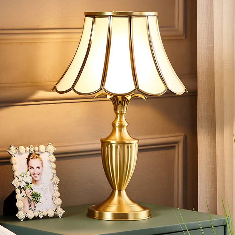 Brass Scalloped Night Table Lamp Colonial Style Opaque Glass Single Bedroom  Nightstand Light - Clearhalo
