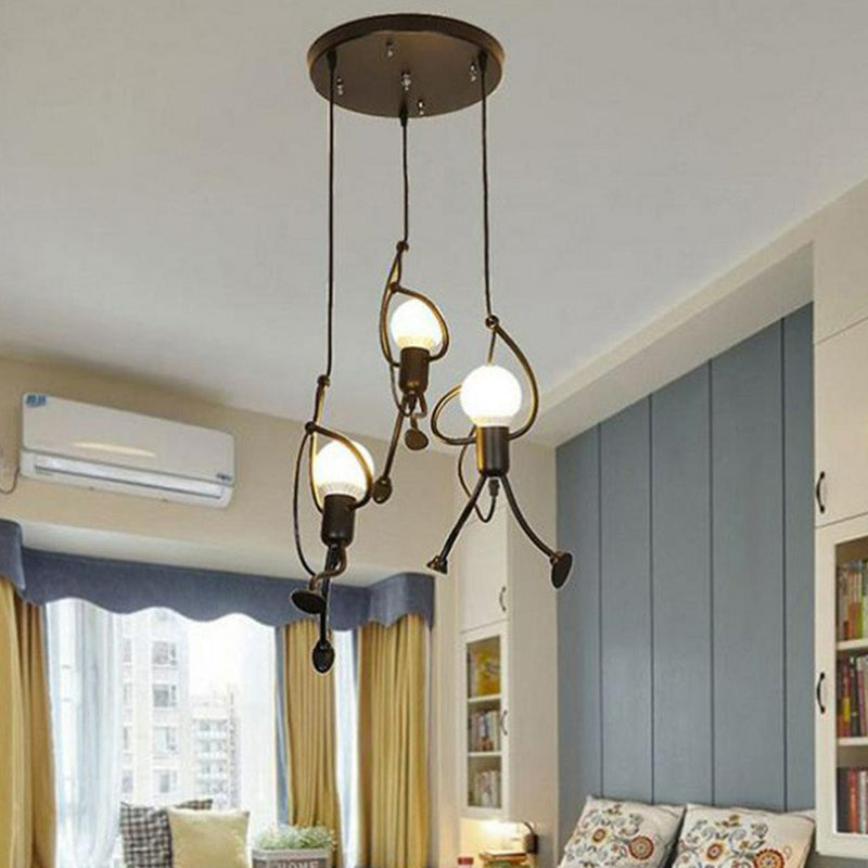 Artistic Stickman Shaped Pendant Lamp Metal 3-Light Dining Room Multiple Hanging Light in Black Black Round Clearhalo 'Ceiling Lights' 'Pendant Lights' 'Pendants' Lighting' 2311437_24ca6278-1273-441d-bd56-9d50ae50c52f