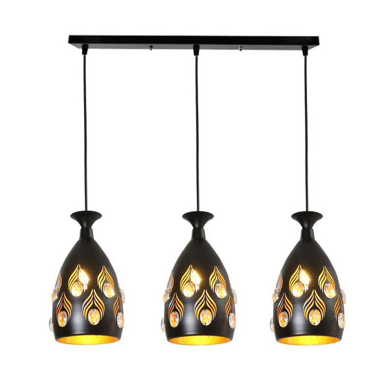 Cup Shaped Metal Cluster Pendant Light Artistic 3 Heads Black Hollowed-out Ceiling Lamp with Inserted Crystals Clearhalo 'Ceiling Lights' 'Pendant Lights' 'Pendants' Lighting' 2311442