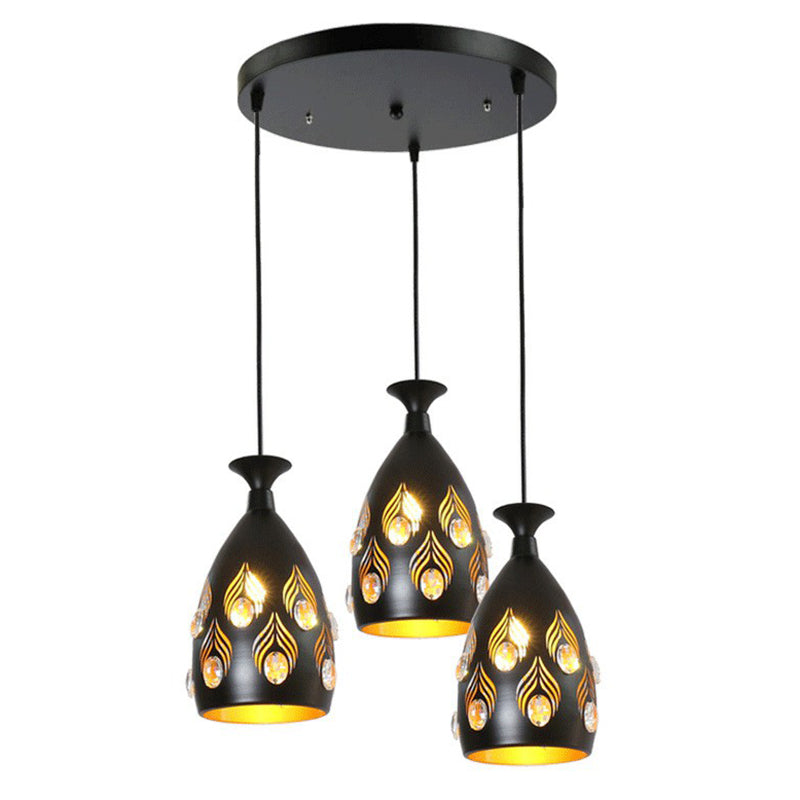 Cup Shaped Metal Cluster Pendant Light Artistic 3 Heads Black Hollowed-out Ceiling Lamp with Inserted Crystals Clearhalo 'Ceiling Lights' 'Pendant Lights' 'Pendants' Lighting' 2311443