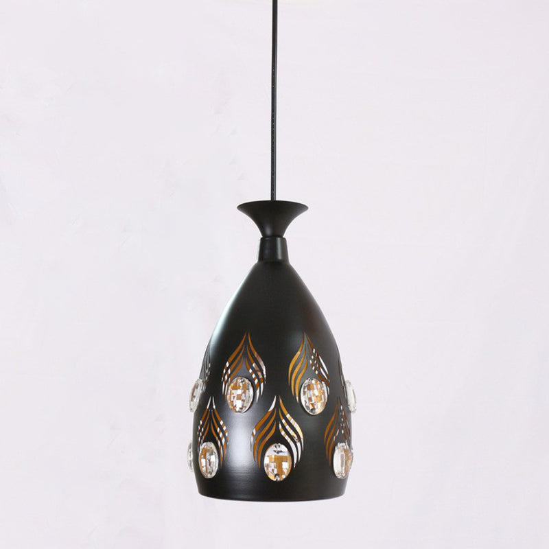 Cup Shaped Metal Cluster Pendant Light Artistic 3 Heads Black Hollowed-out Ceiling Lamp with Inserted Crystals Clearhalo 'Ceiling Lights' 'Pendant Lights' 'Pendants' Lighting' 2311444