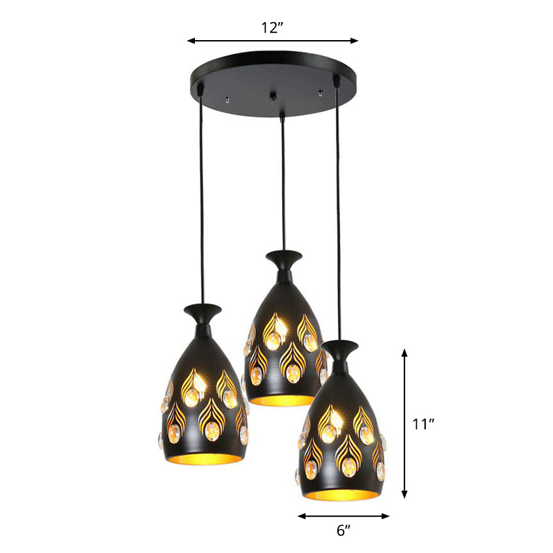 Cup Shaped Metal Cluster Pendant Light Artistic 3 Heads Black Hollowed-out Ceiling Lamp with Inserted Crystals Clearhalo 'Ceiling Lights' 'Pendant Lights' 'Pendants' Lighting' 2311447