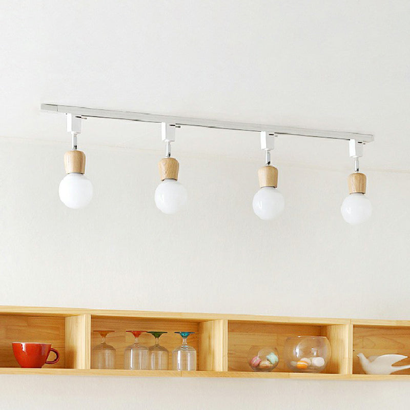 Exposed Bulb Track Lighting Simplicity Wooden 4-Light Dining Room Semi Flush Ceiling Light in White Clearhalo 'Ceiling Lights' 'Close To Ceiling Lights' 'Close to ceiling' 'Semi-flushmount' Lighting' 2311474